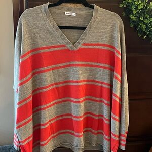 Mersea Women's V-Neck Sweater in Gray and Red Stripes
